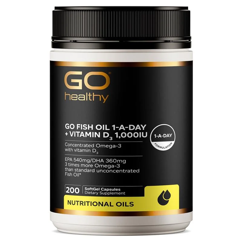 GO Healthy GO Fish Oil 1-A-Day + Vitamin D3 1000IU 200c 高之源鱼油+VD (一天一粒) 200粒【保质期2029/03】